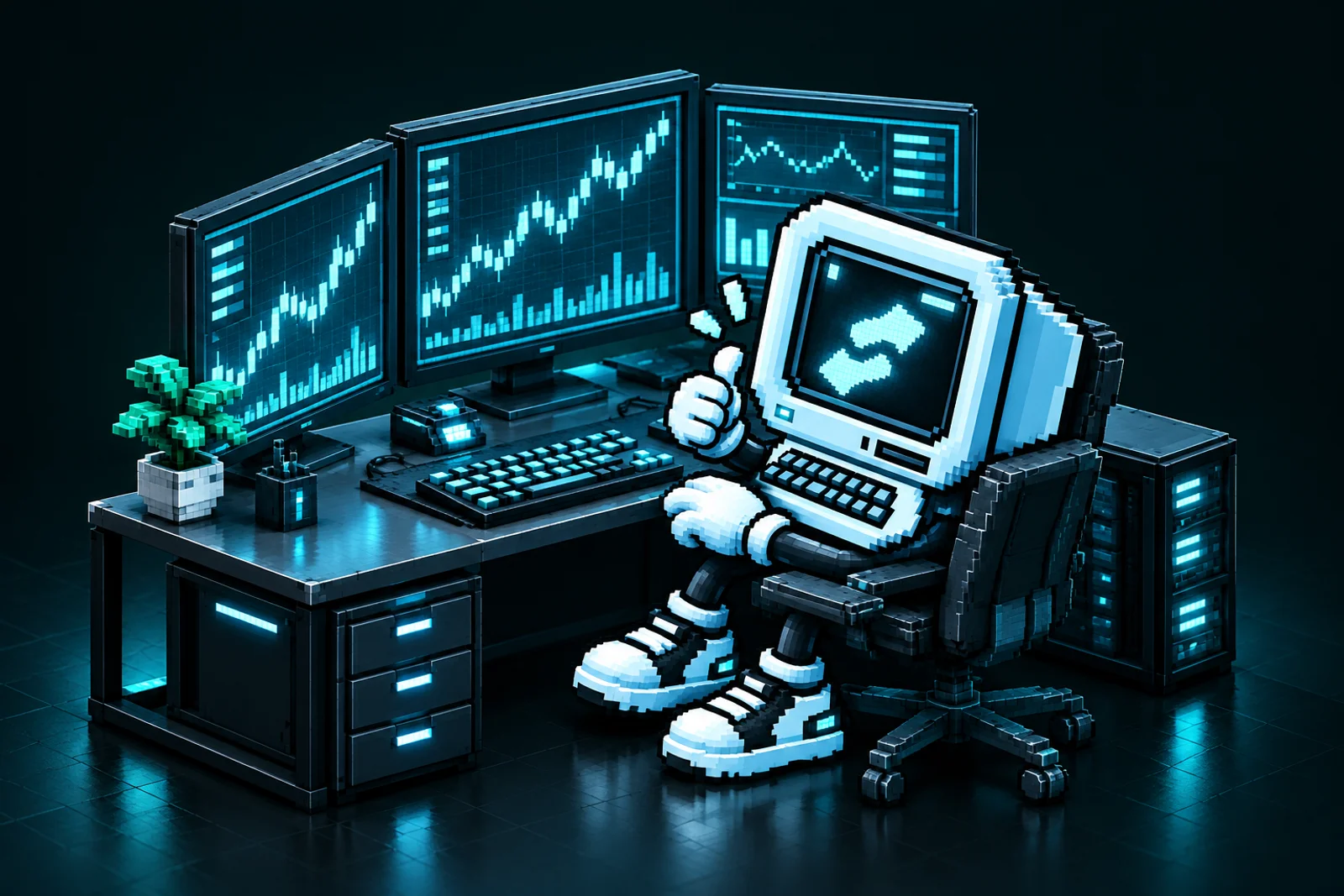 The STONK DESK mascot working at a cinematic voxel trading desk